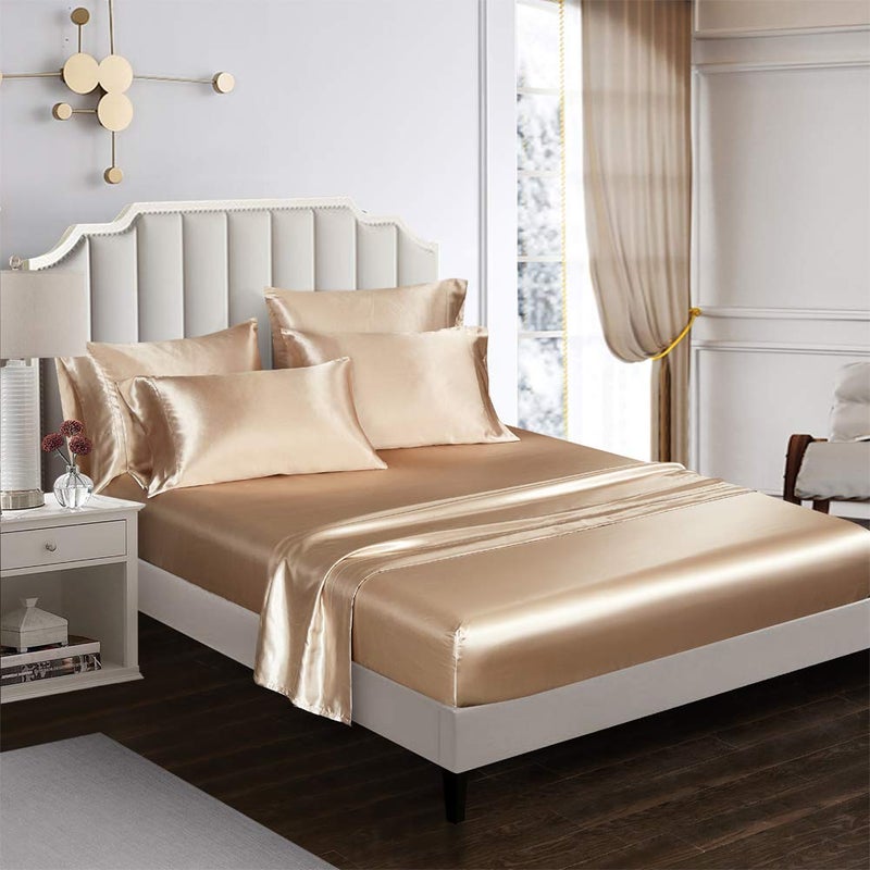 AiMay 6 Piece Satin Bedding Sheet Set Queen Taupe Deep Pocket 1800 Series Luxury Rich Silk Silky Super Soft Solid Color 4 Pillowcases Reversible Sexy Honeymoon Wrinkle Free (Queen, Taupe) - Image 3